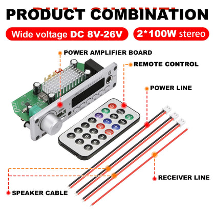 NEW 200W Amplifier Bluetooth DIY MP3 WAV Decoder Board DC 12V 100W Wireless Car USB MP3 Player TF Card Slot USB FM with Mic